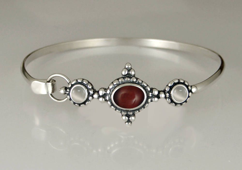Sterling Silver Strap Latch Spring Hook Bangle Bracelet With Red Tiger Eye And White Moonstone